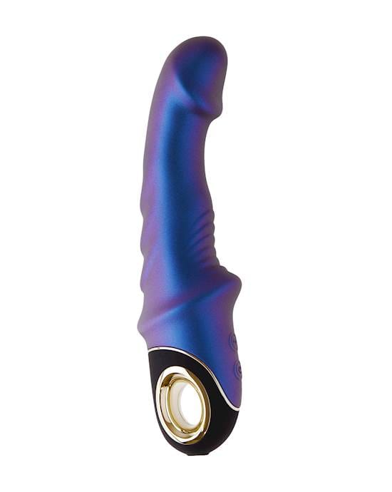 A long upright banana shaped object with a rubbery texture which is a shiny blue and purple colour. The base has a gold shiny ring which is attached by a section of black and it is featured on a white background.