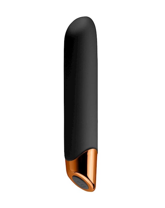 A slim, cylyndrical shaped object on a white background that is tightly covered with a soft black rubber with the bottom end a shiny copper.