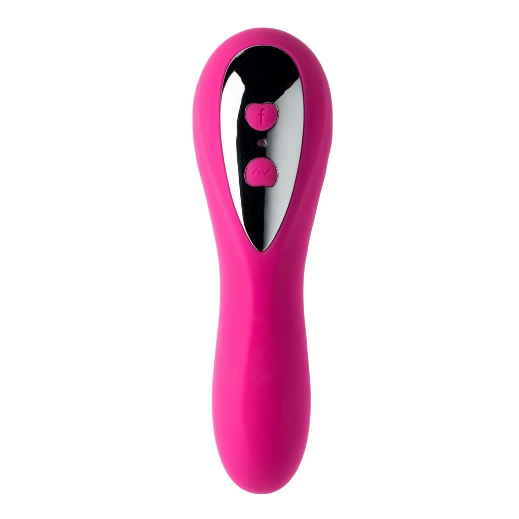 Long pink rubber looking banana shaped with a shiny metallic tear drop shaped sticker on the top half with two love heart shaped pink buttons in the middle.