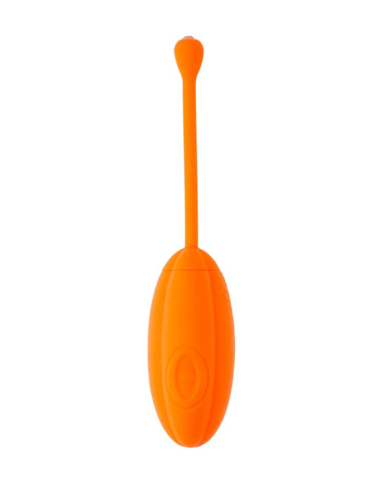 An orange rubber looking oval shaped ball with a long thin tail on a white background.