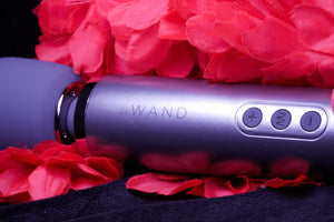 Grey wand laying down zoomed in showing two thirds of the wand including three push button control and brand name. The wand is laying down on it's side on a bed of red flowers.