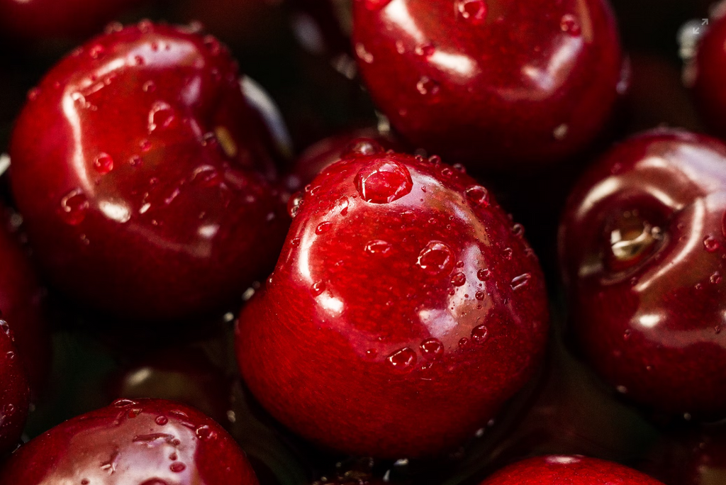 A close up picture of cherries with approximately 5 in view and they are made to look fresh with the addition of lots of dewy moisture pictured on them.