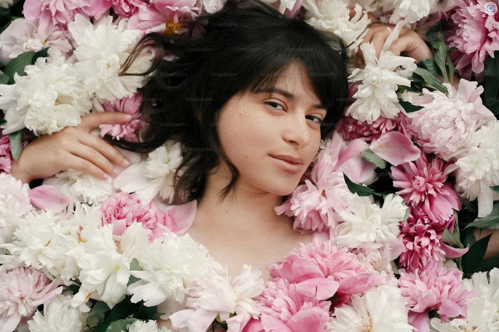 A woman is pictured from the neck up only as the rest of her is covered with pink and white flowers. She has brown hair and has her head tilted to one side but with her eyes on the camera.