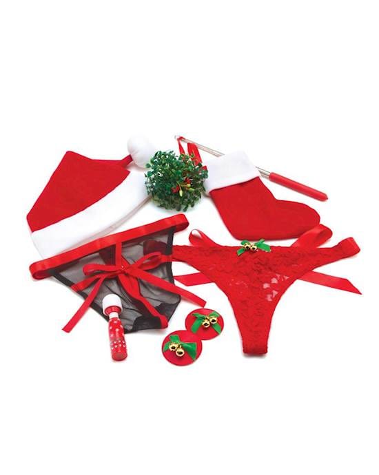 A collection of Christmas themed items sits on a white background and includes a santa hat and red undies with a mistletoe decoration.