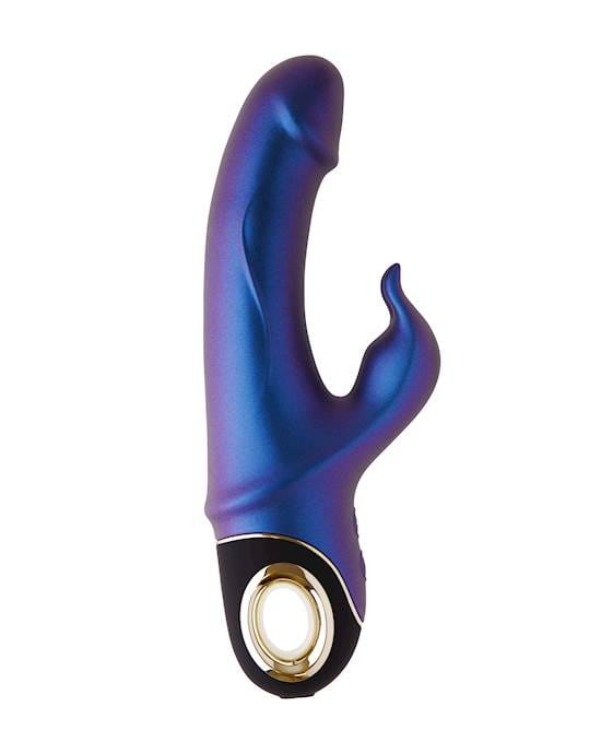 A large banana shaped object with a rubber texture which is a glimmering blue and purple. It has a protruding tip about halfway down and has a golden ring at the base. It is standing upright on a white background.