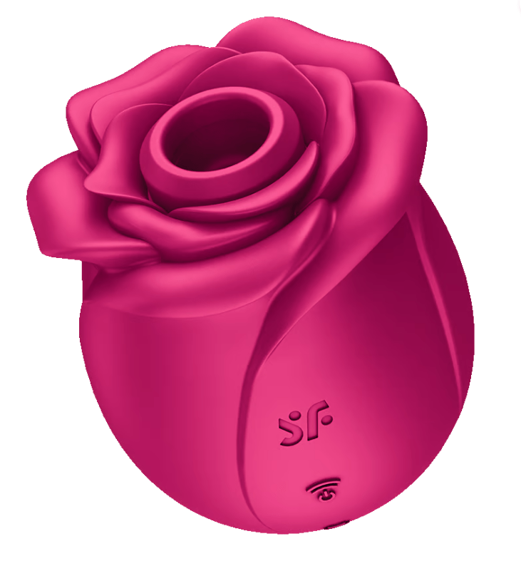 A bright reddy pink rose shaped product but with a rubbery appearance, a rounded base and in the centre of the top is an open round mouth.