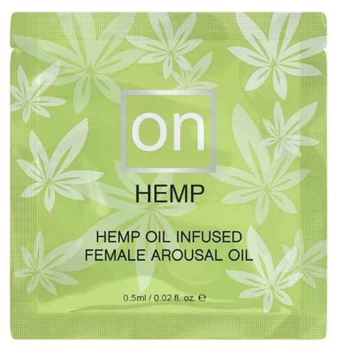 Green square foil packaging of hemp oil infused female arousal oil with 'on' branding.
