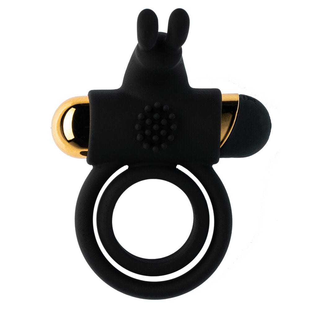 Two black rings one smaller than the other which are attached to a rectangular black body that has a little bunny shaped head and a shiny gold centre.