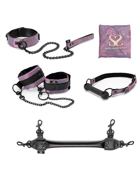 A collection of five different items pictured on a white background. Each item is black with a satin looking purple fabric on it and two of the items also include a black chain.