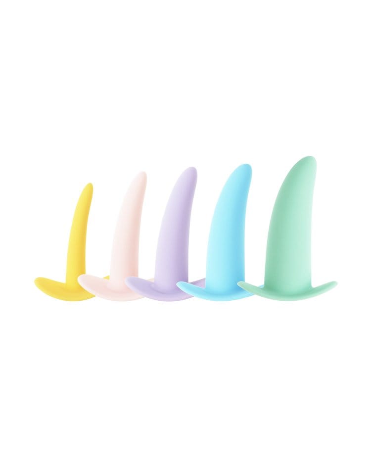 Five items stand in a line on a white background and each is a different pastel colour. They each have a small fin shaped tip with a plug shape on the other end.