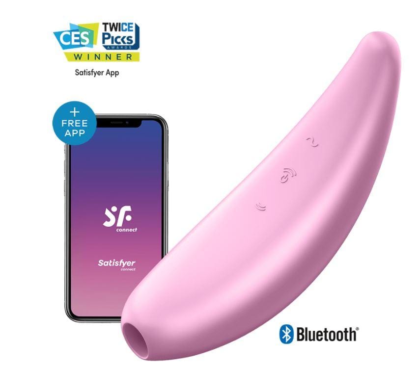 Cell phone displaying the app with the pink toy pictured beside it as well as the bluetooth logo.
