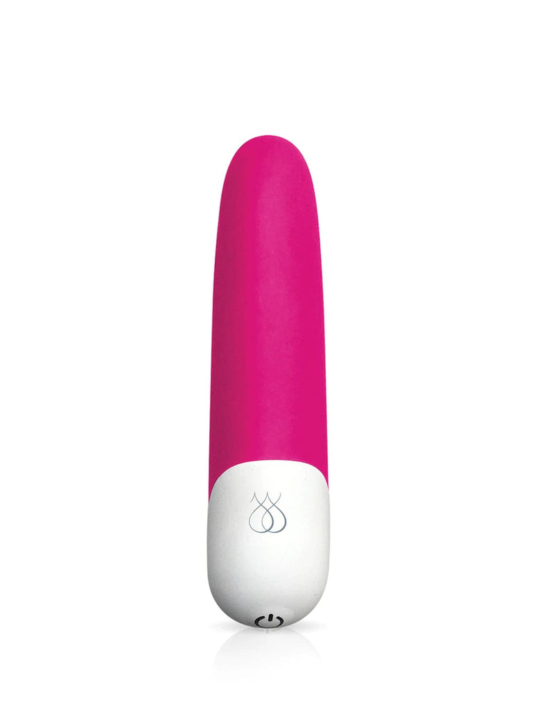 A long thick pen looking item on a white background that has the top two thirds in bright pink and the bottom third is white with a plain logo printed on.