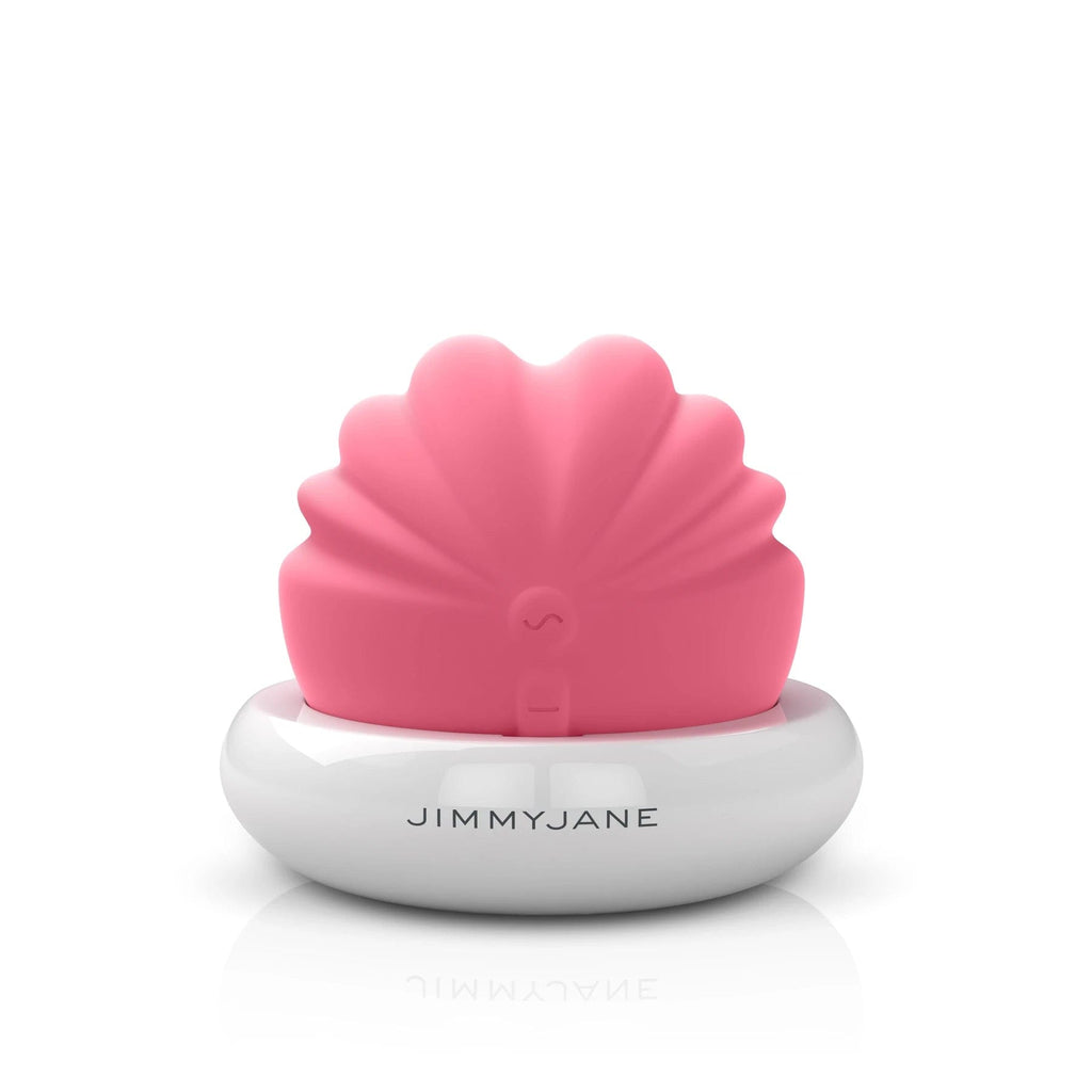 A product that looks like a pink coloured shell sitting upright in a white base with the bottom third inside the base.