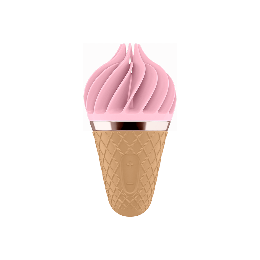 A product that looks like an ice cream waffle cone with a cramy strawberry ice cream that is made up of lots of small soft propellers that rotate.
